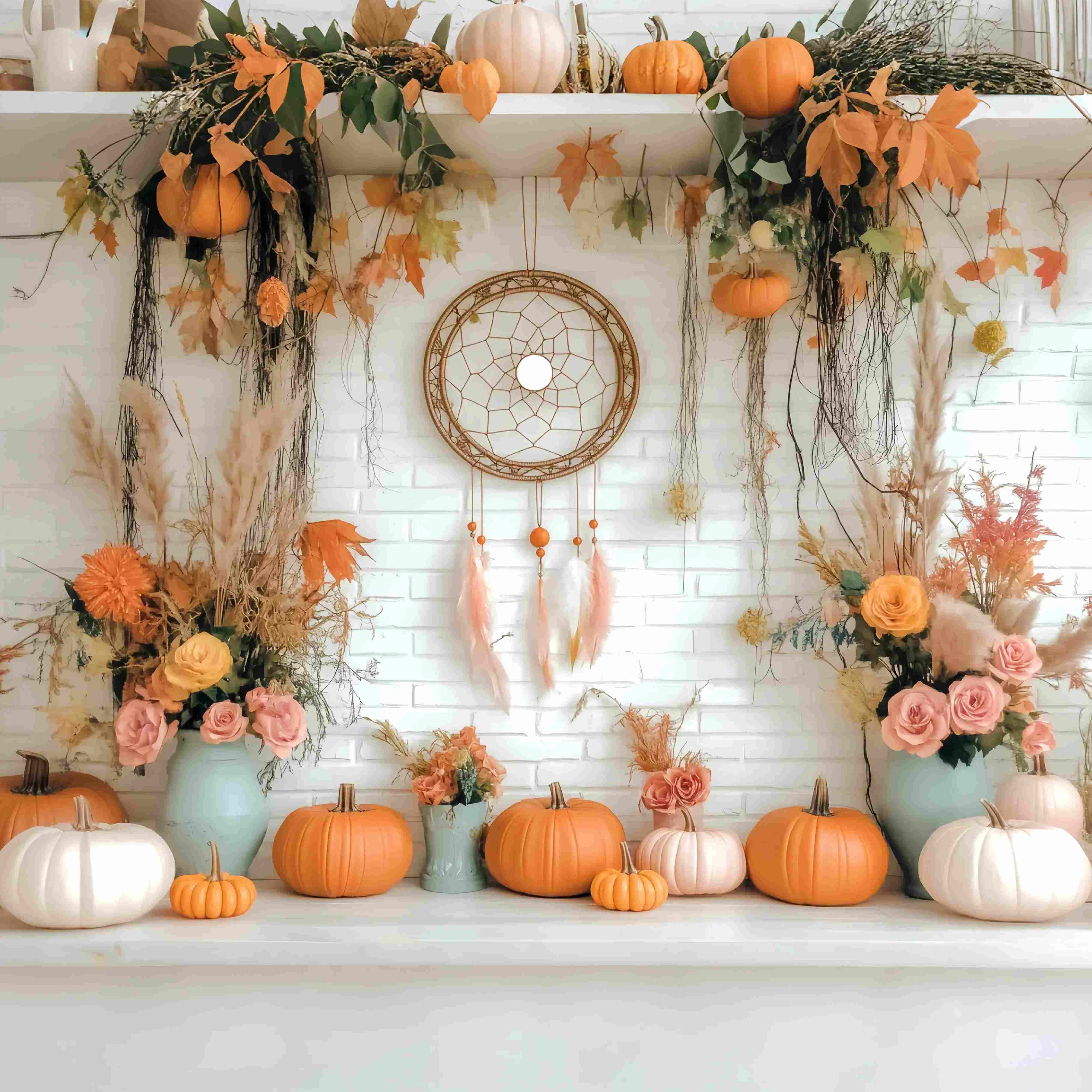 Autumn Fall Backdrop Rustic Pumpkin Dreamcatcher Display Boho Backdrop UK LXX58-155