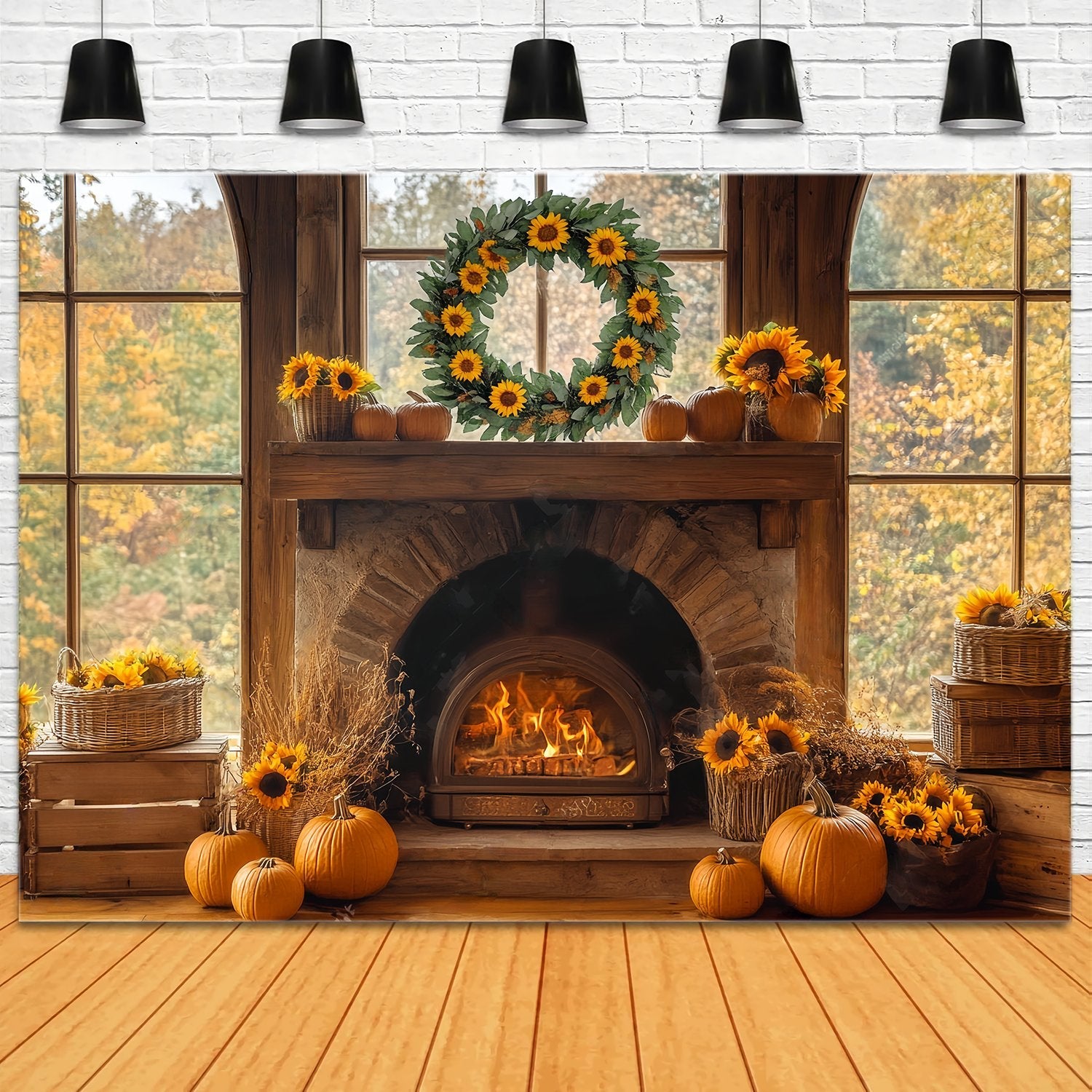 Fall Backdrop for Pictures Sunflower Pumpkin Hearth Glow Fireplace Backdrop UK LXX58-160