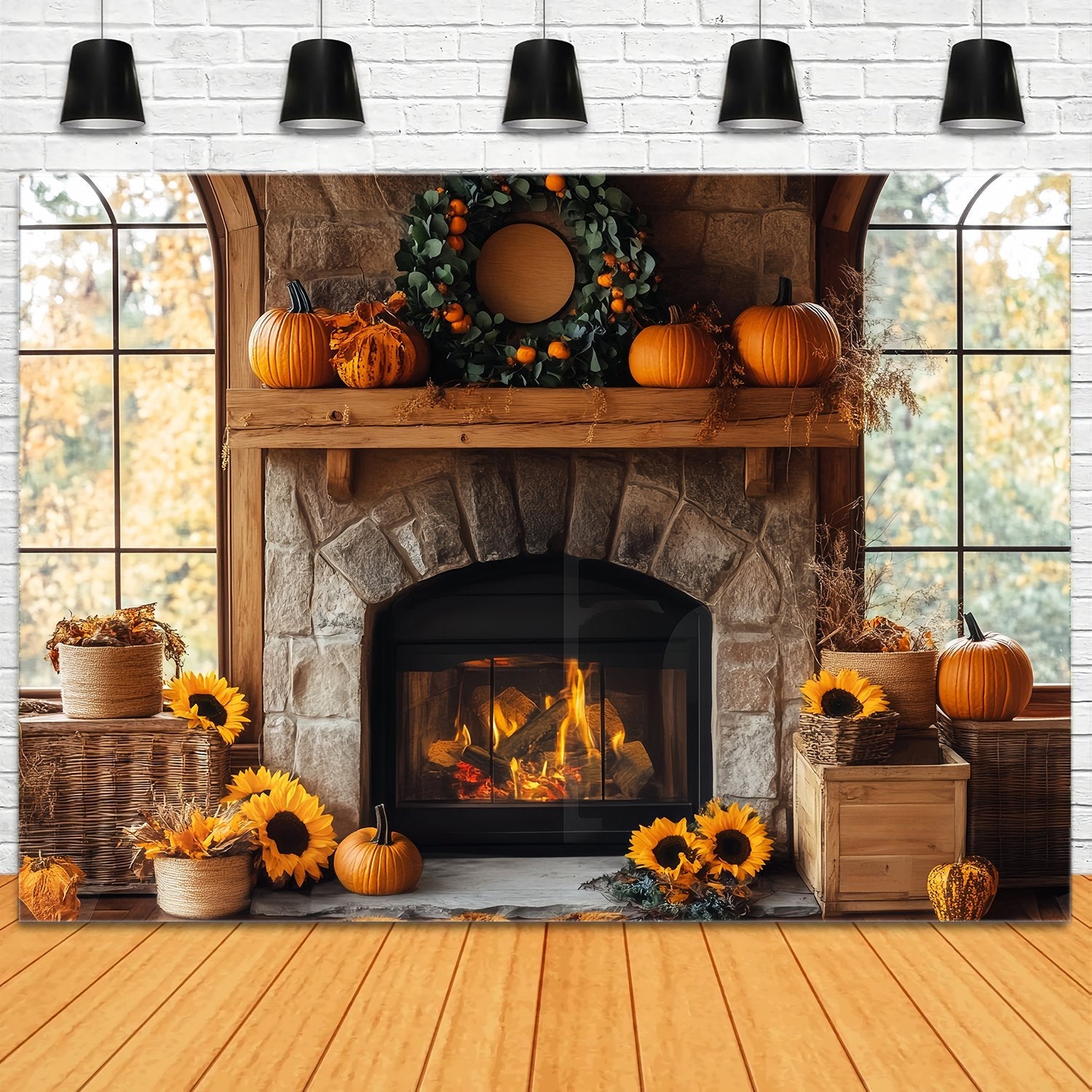 Fall Backdrop for Photos Rustic Fireplace Sunflower Charm Fireplace Backdrop UK LXX58-161