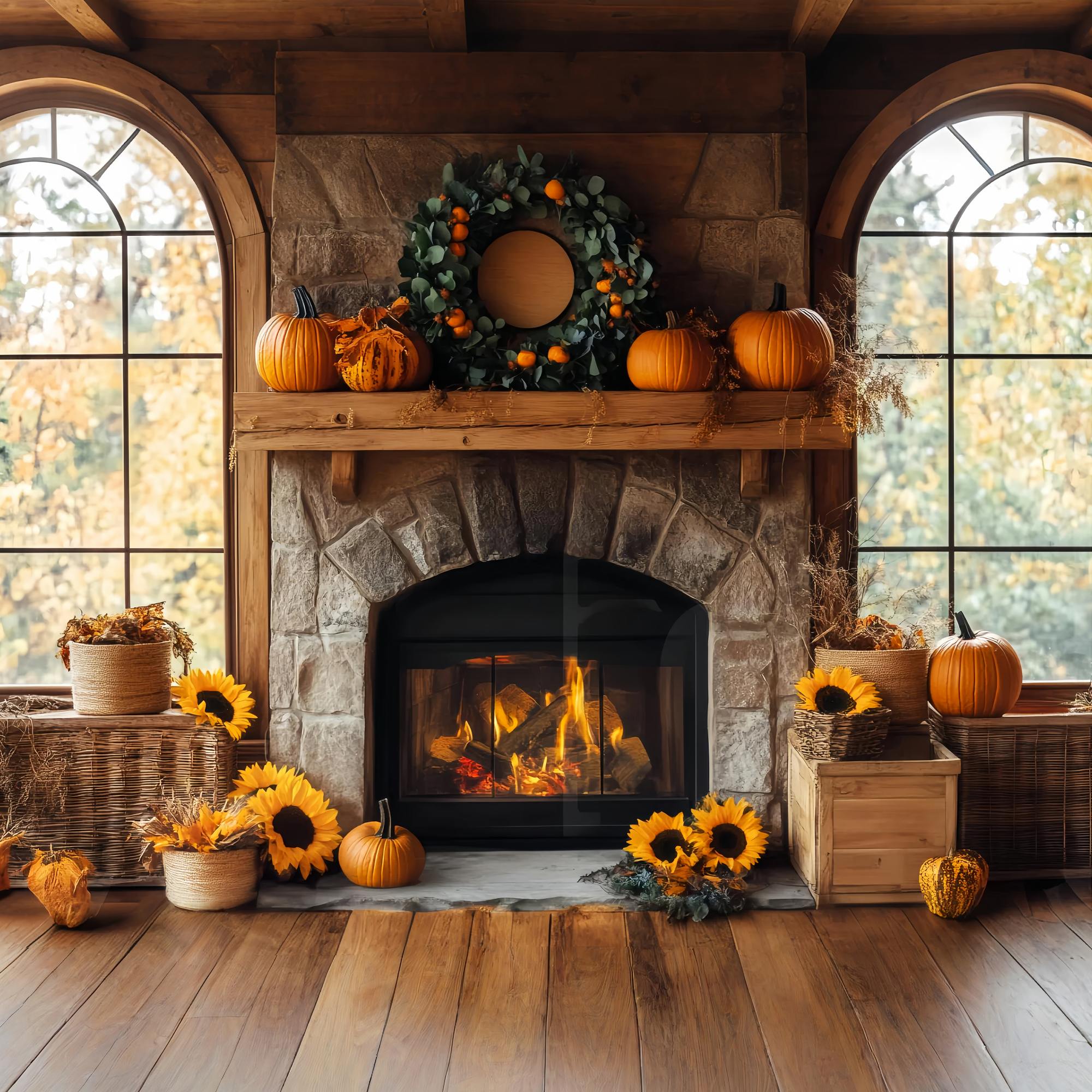 Fall Backdrop for Photos Rustic Fireplace Sunflower Charm Fireplace Backdrop UK LXX58-161