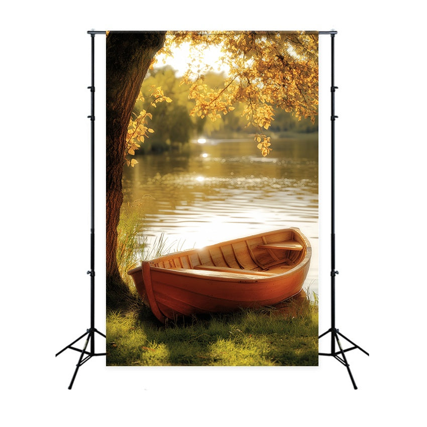 Fall Photography Backdrops Golden Rowboat Lakeside Tranquility Forest Backdrop UK LXX58-180