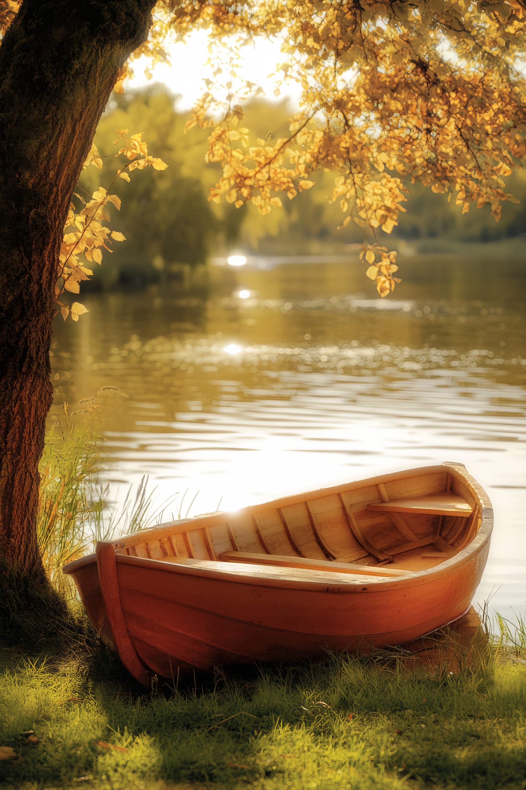 Fall Photography Backdrops Golden Rowboat Lakeside Tranquility Forest Backdrop UK LXX58-180