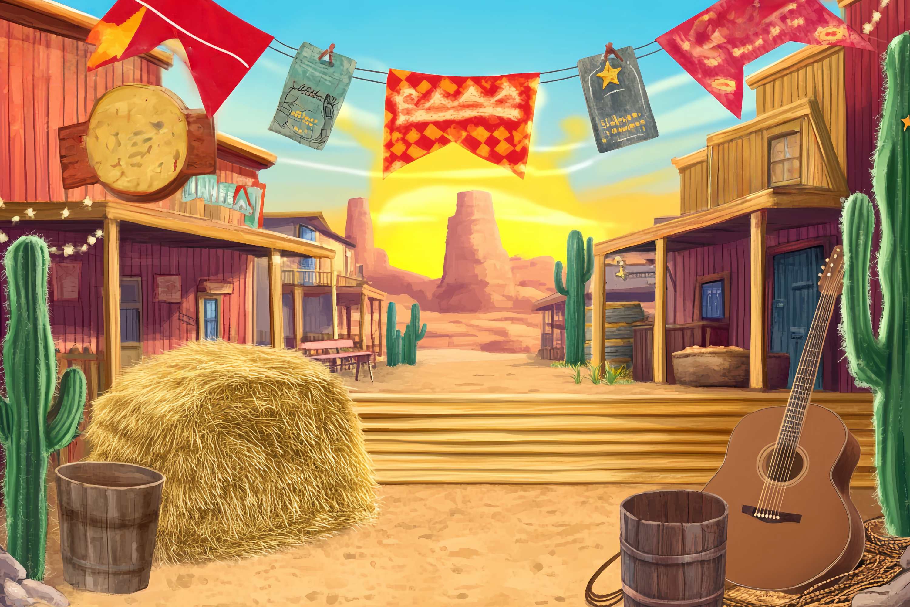 Fall Photo Backdrop Colorful Western Street Cactus Western Backdrop UK LXX58-192