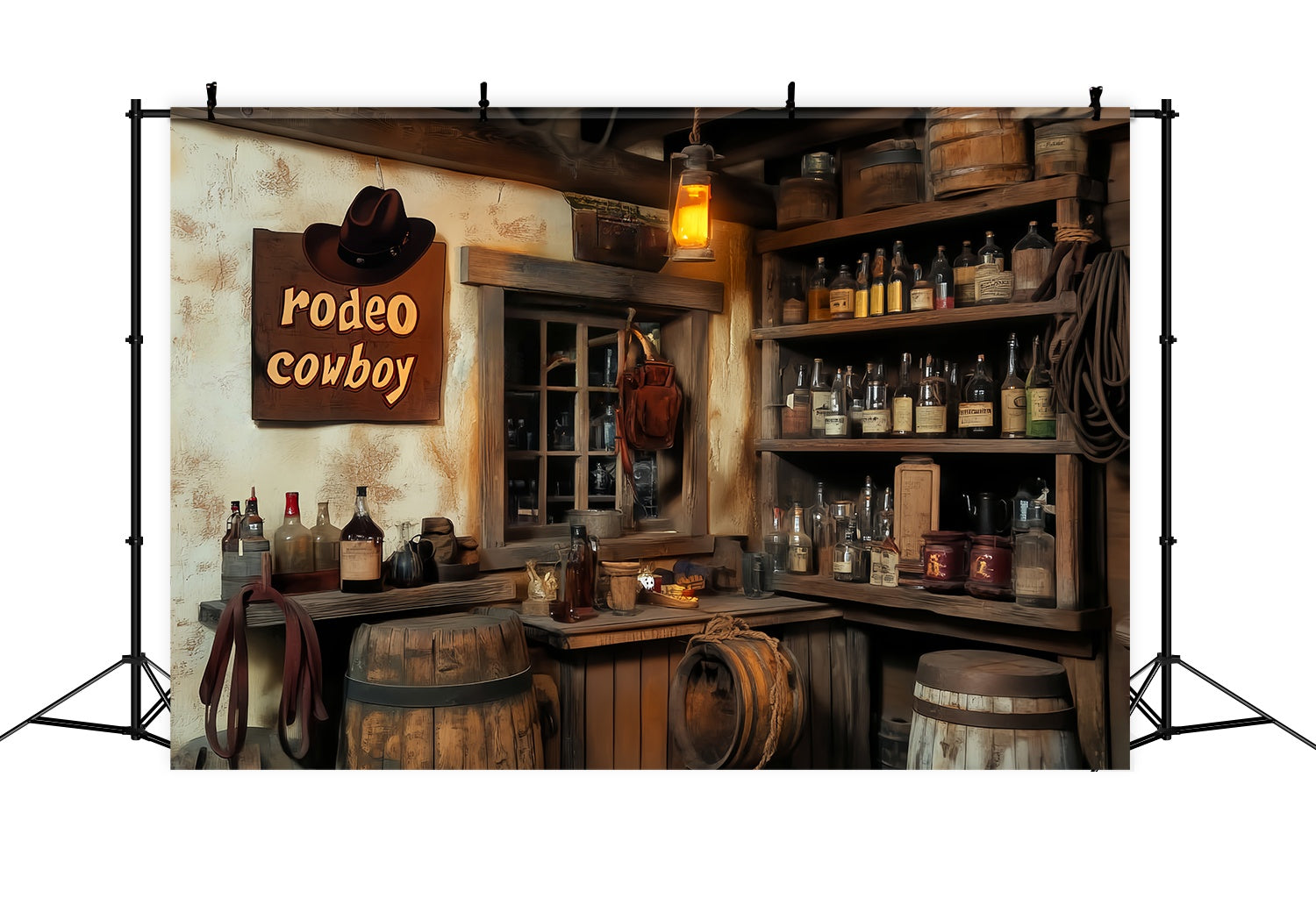 Fall Photo Backdrop Vintage Saloon Bottles Lantern Cowboy Backdrop UK LXX58-193
