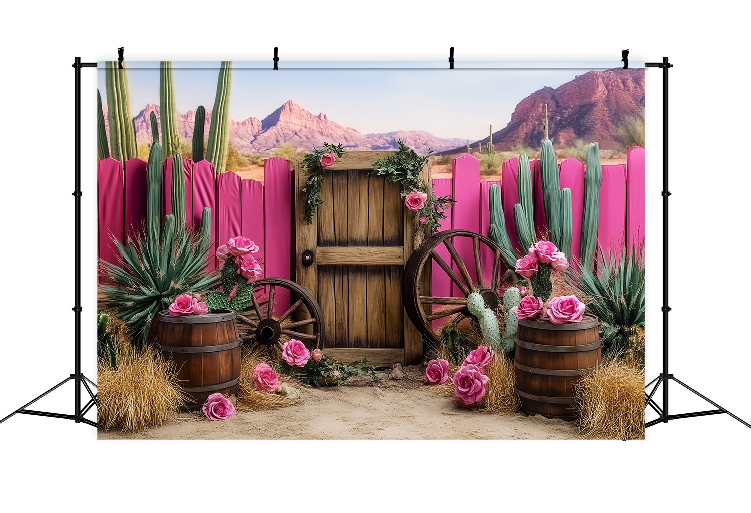 Fall Backdrop Pink Cactus Wagon Wheel Decor Western Backdrop UK LXX58-198