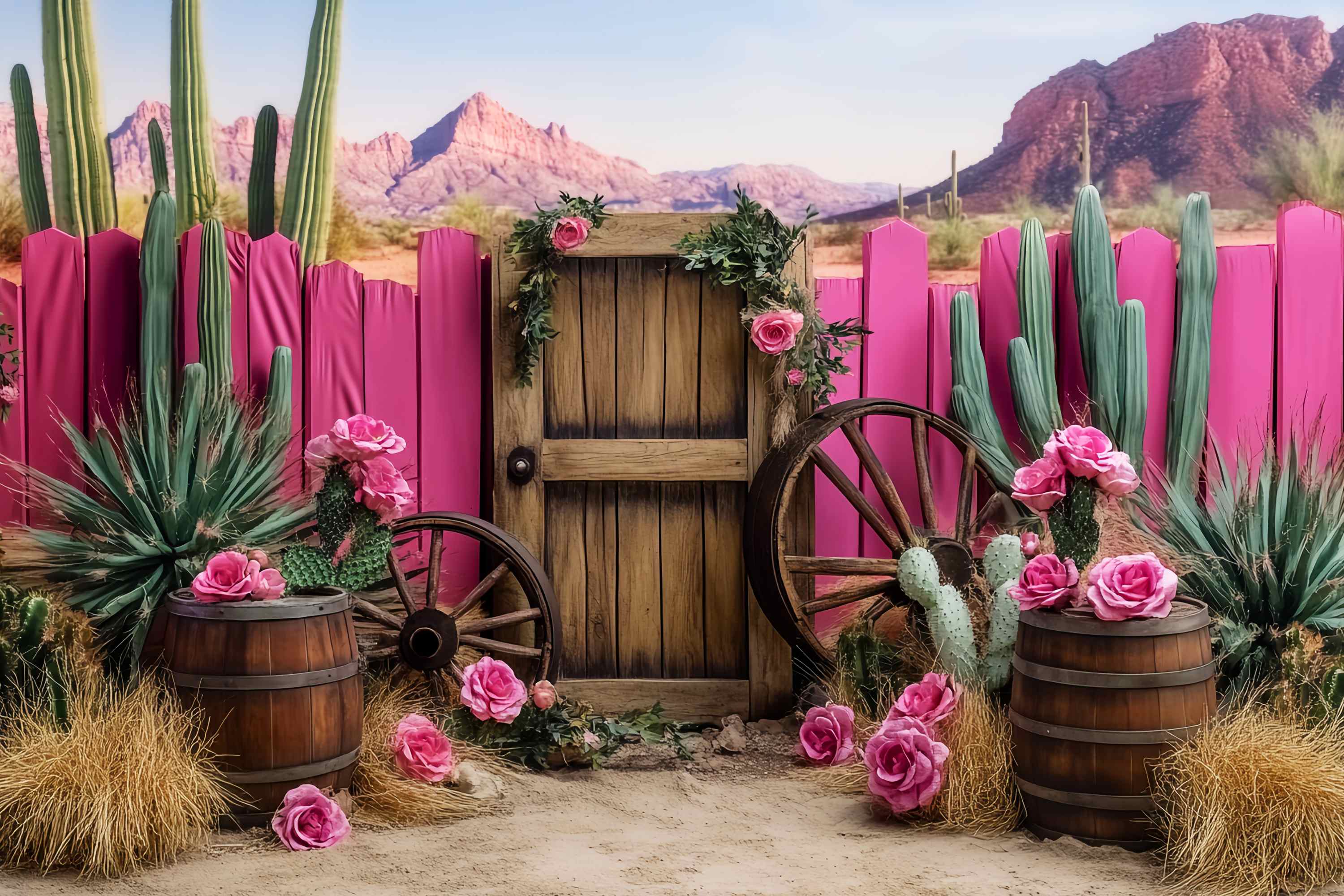 Fall Backdrop Pink Cactus Wagon Wheel Decor Western Backdrop UK LXX58-198