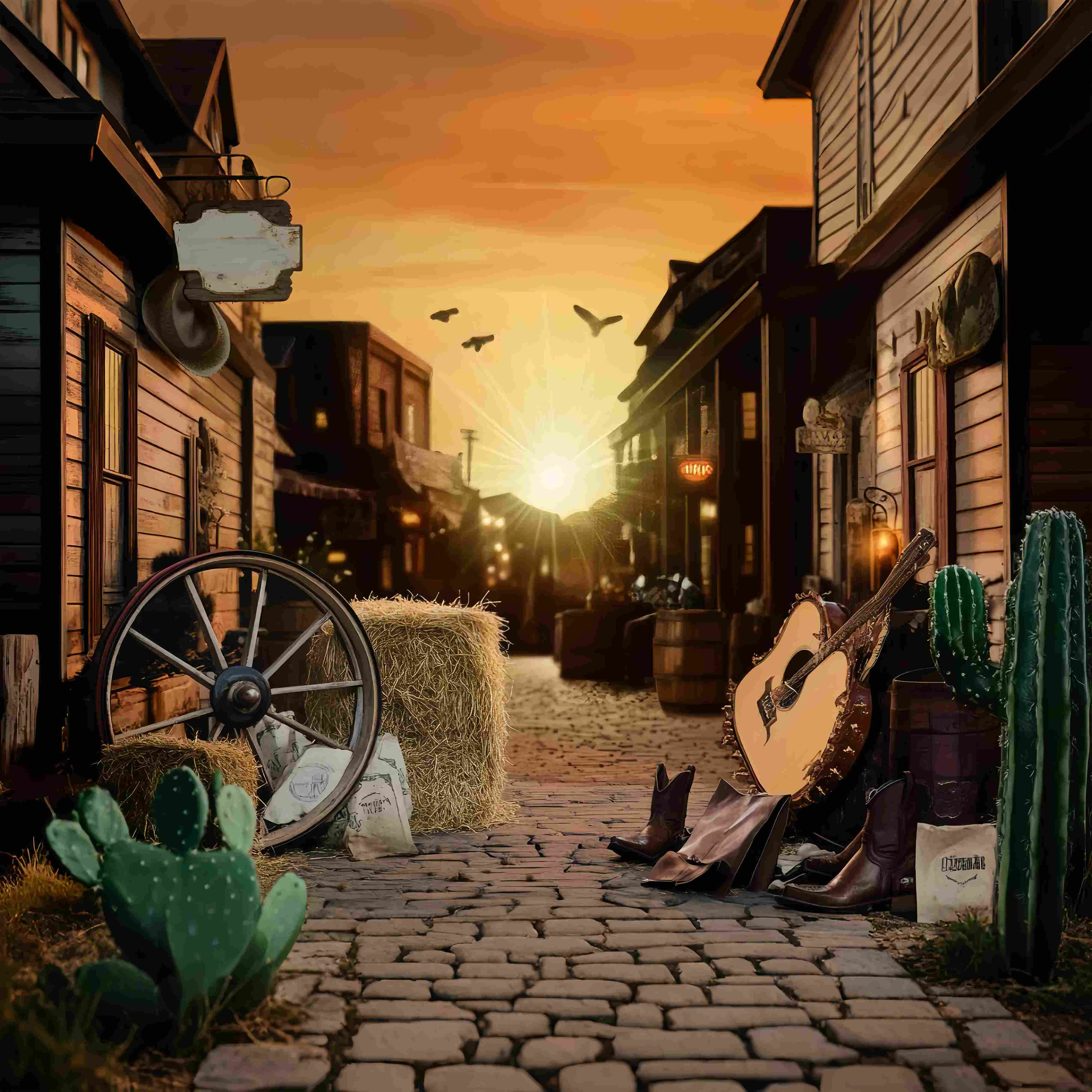 Fall Photo Backdrops Sunset Western Street Guitar Cowboy Backdrop UK LXX58-204