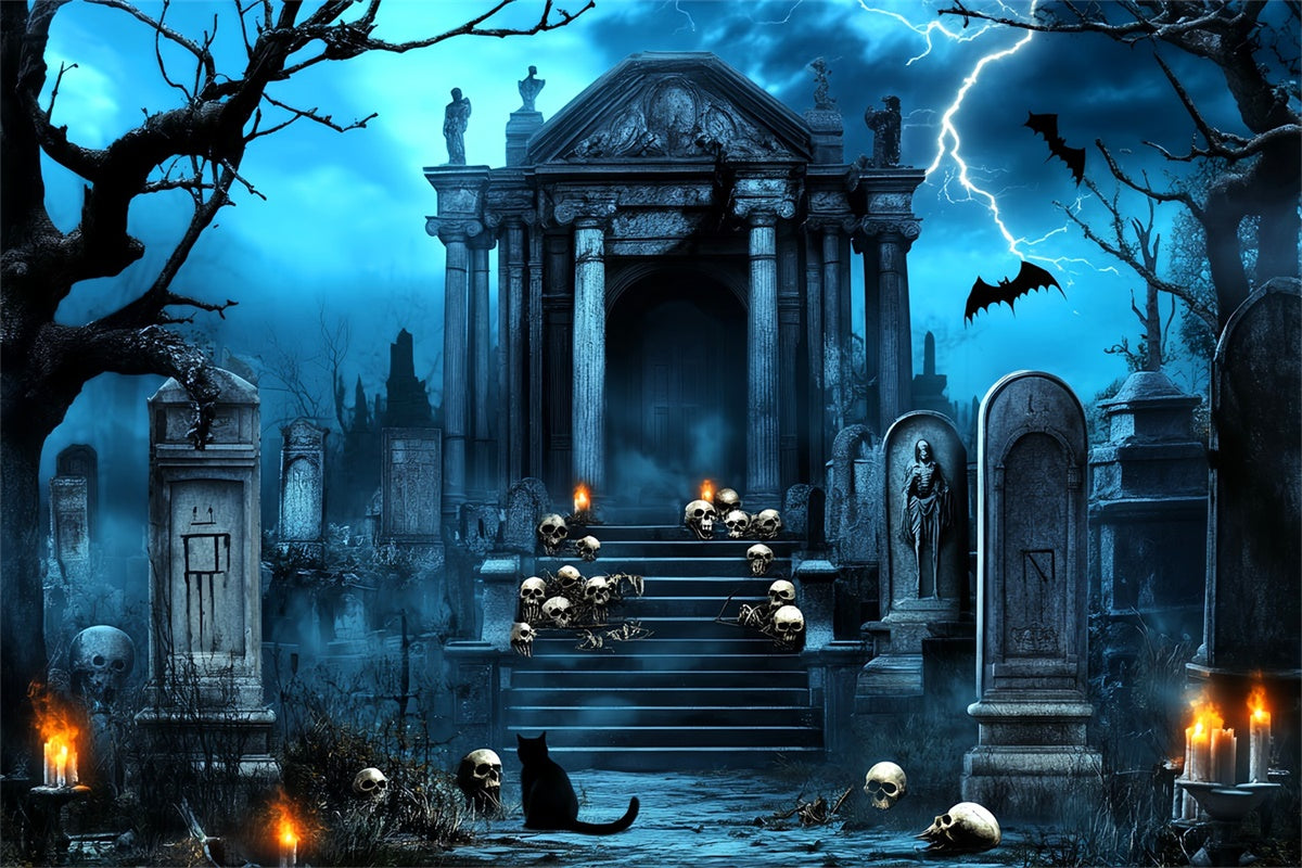 Halloween Graveyard Backdrop Lightning Skull Crypt Backdrop UK LXX58-20