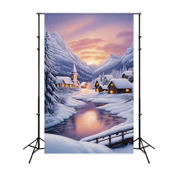 Winter Wonderland Backdrop Sunset Alpine Snow Village Winter Forest Backdrop UK LXX58-223