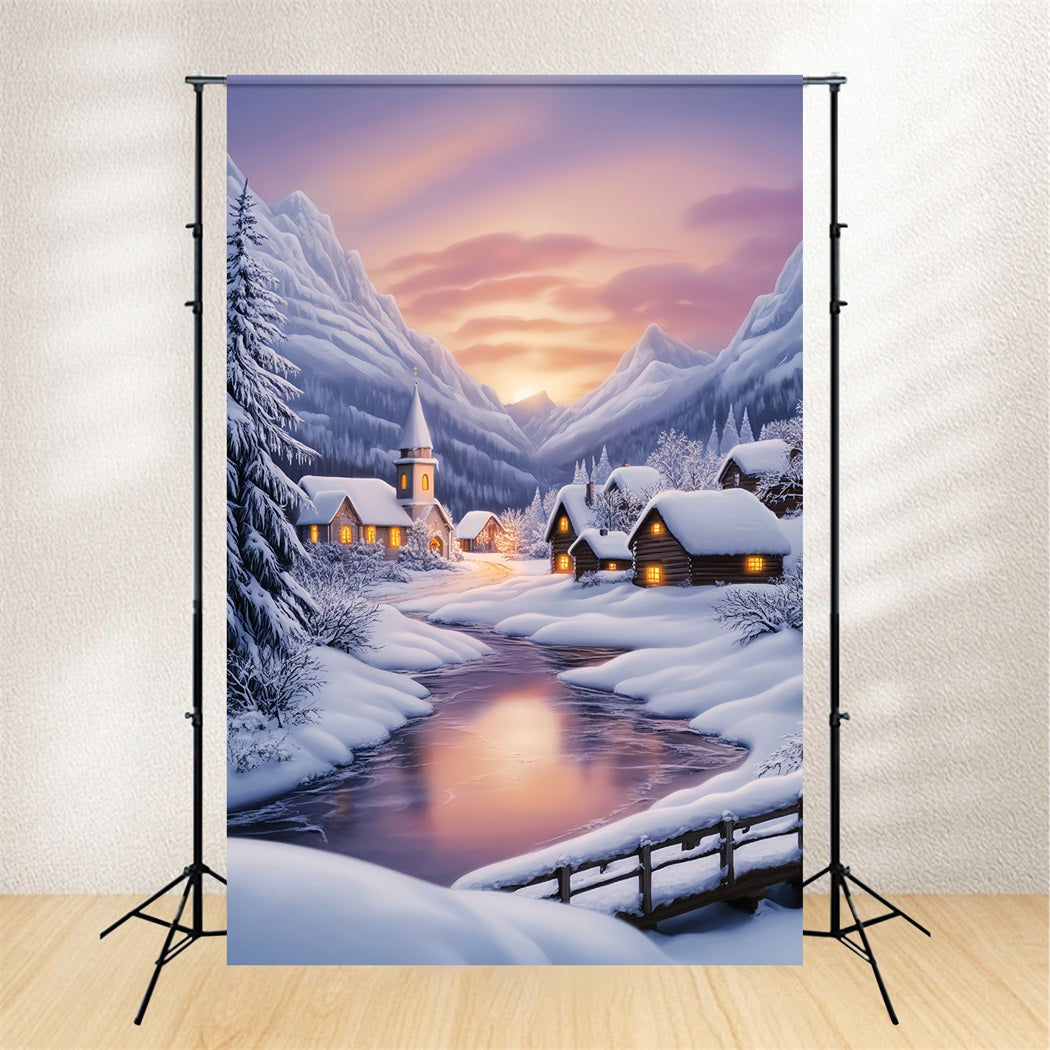 Winter Wonderland Backdrop Sunset Alpine Snow Village Winter Forest Backdrop UK LXX58-223