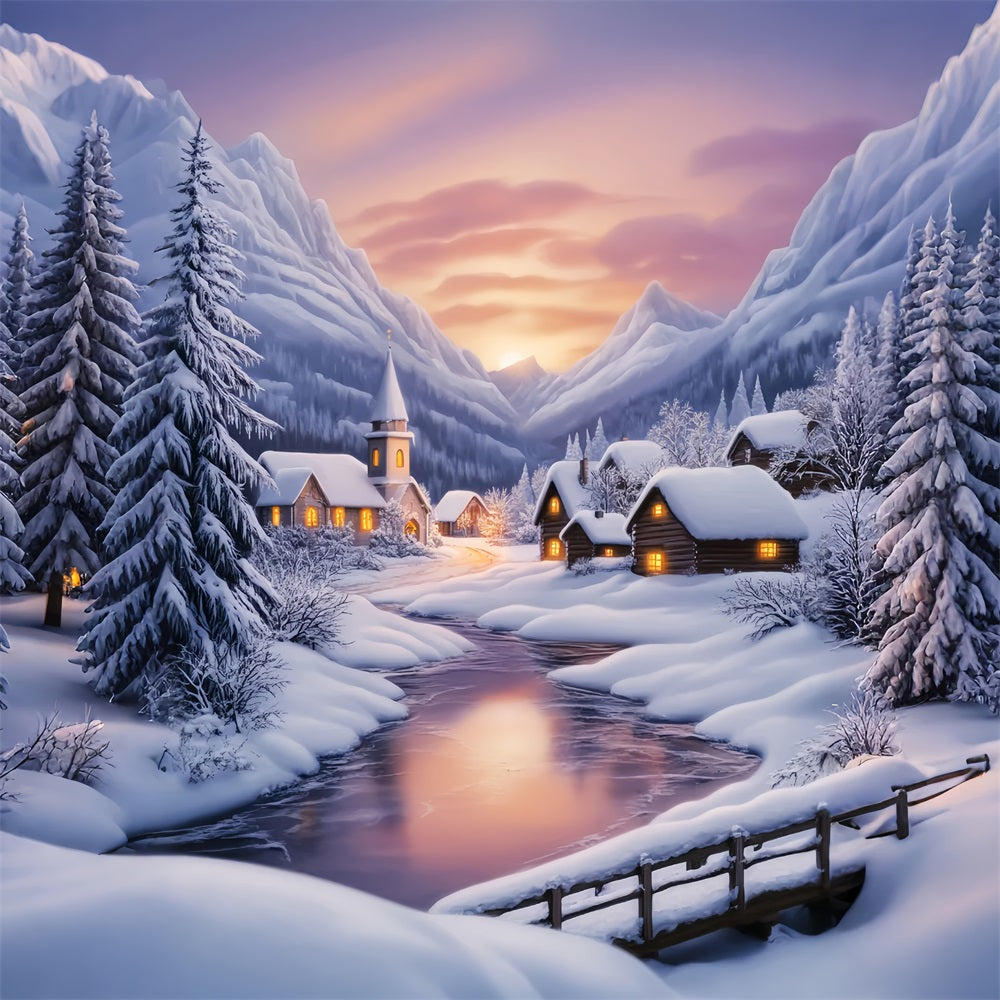 Winter Wonderland Backdrop Sunset Alpine Snow Village Winter Forest Backdrop UK LXX58-223