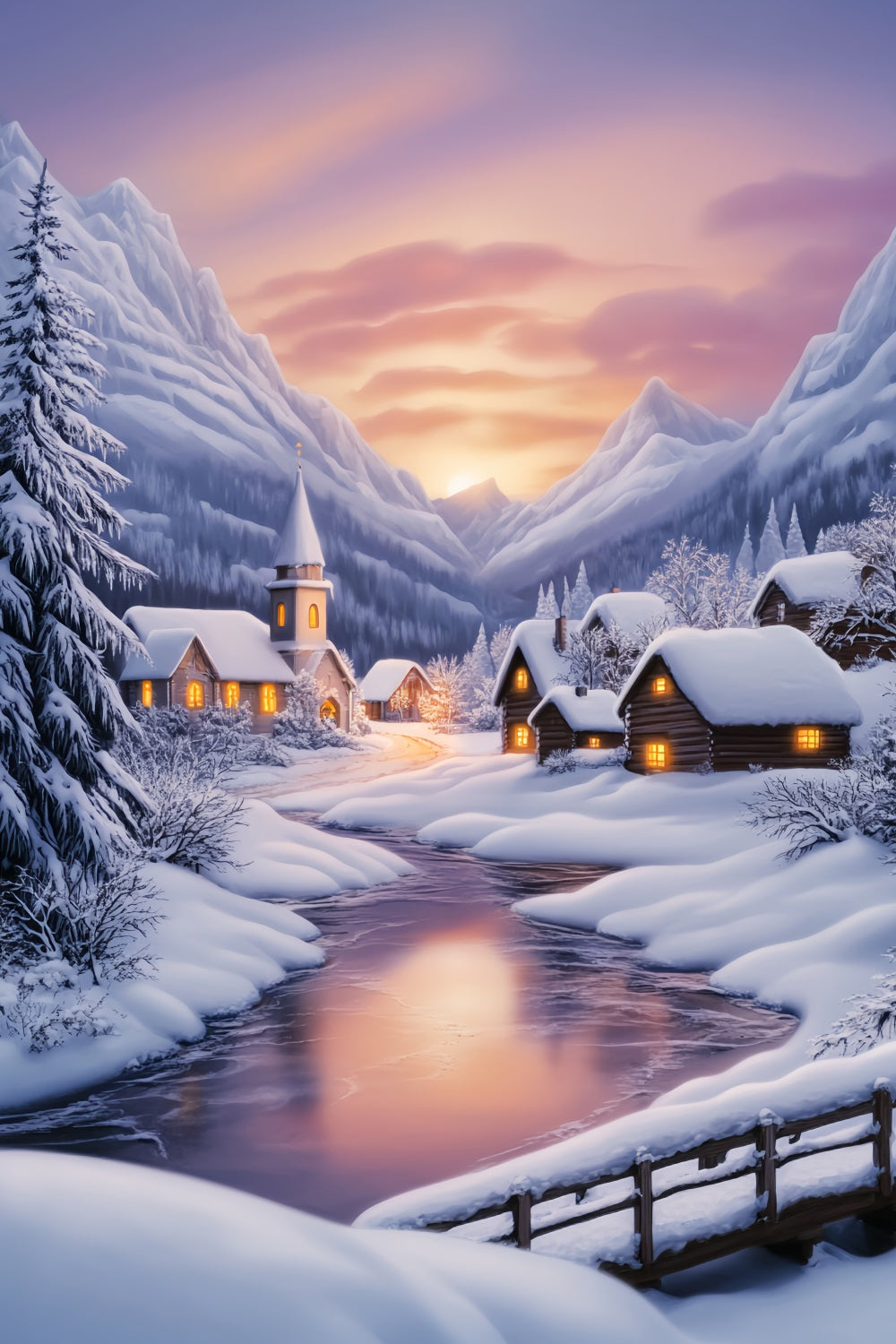 Winter Wonderland Backdrop Sunset Alpine Snow Village Winter Forest Backdrop UK LXX58-223