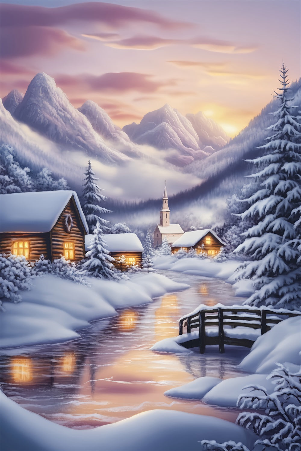Winter Wonderland Backdrop Snowy Village Mountain Sunset Winter Backdrop UK LXX58-224