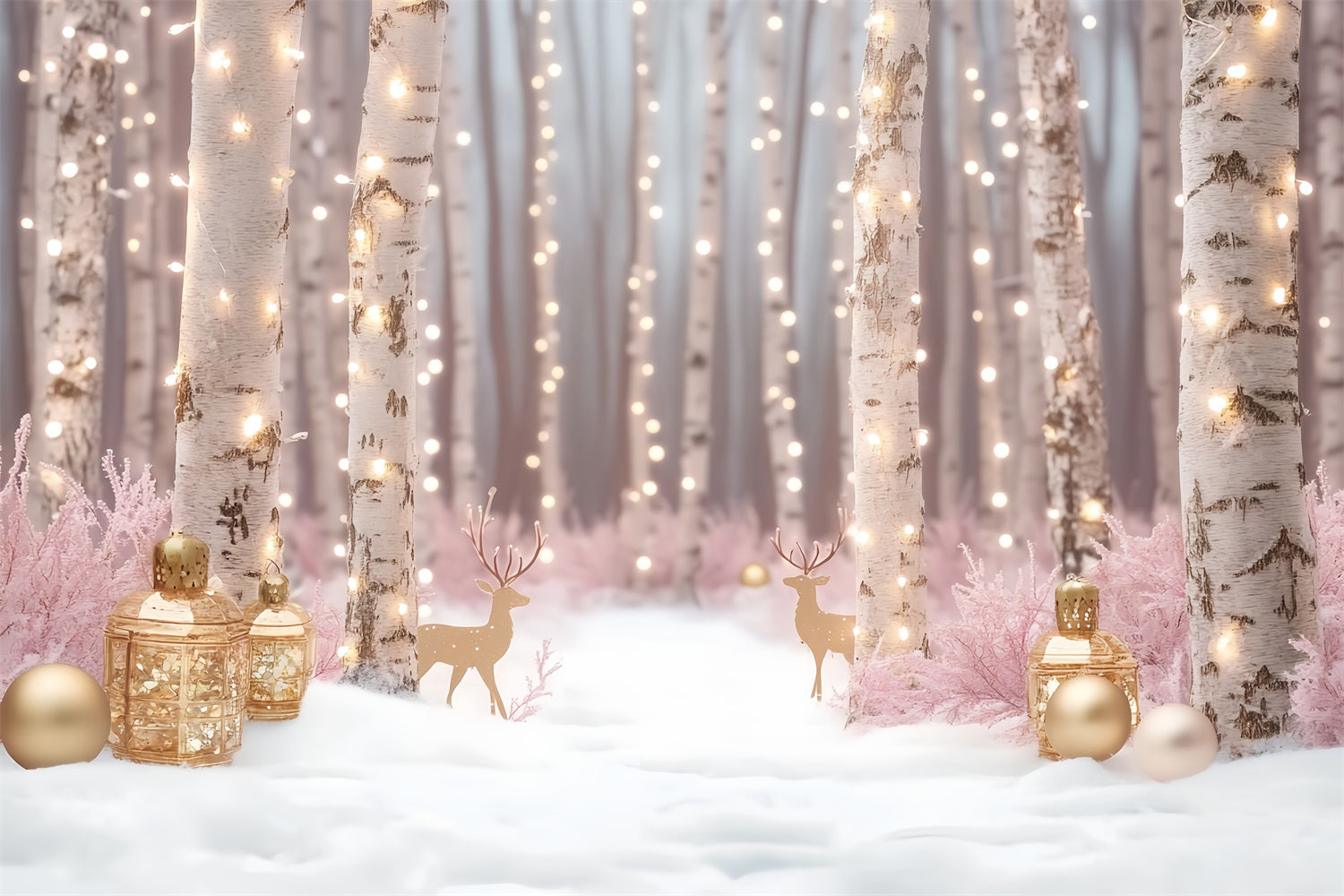 Winter Wonderland Backdrop Birch Forest Golden Lights Winter Photo Backdrop UK LXX58-229
