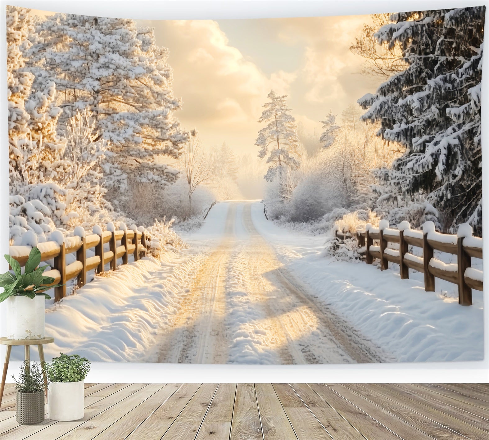 Winter Wonderland Backdrop Golden Sunrise Snowy Path Winter Scene Backdrop UK LXX58-232