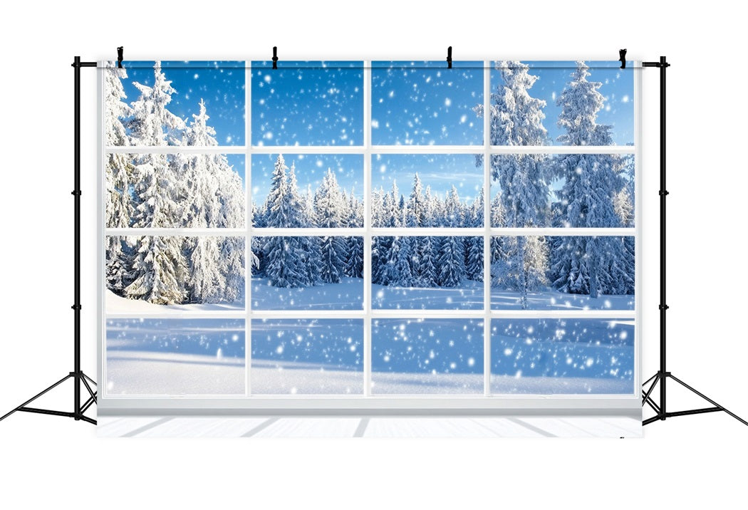 Winter Window Backdrop Falling Snow Pine Forest Winter Snow Backdrop UK LXX58-233