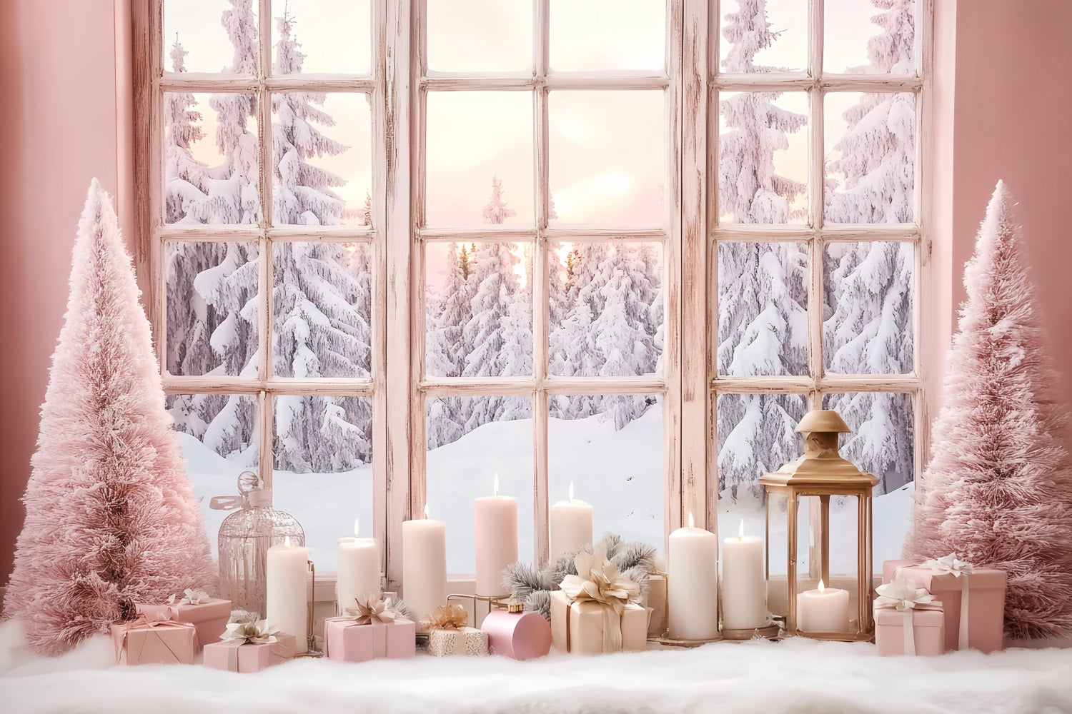 Winter Window Backdrop Pink Candlelight Frosted Window Winter Backdrop UK LXX58-234