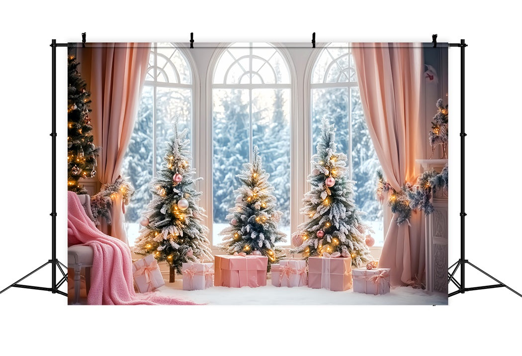 Winter Window Backdrop Pink Gift Frosted Christmas Trees Winter Backdrops UK LXX58-236
