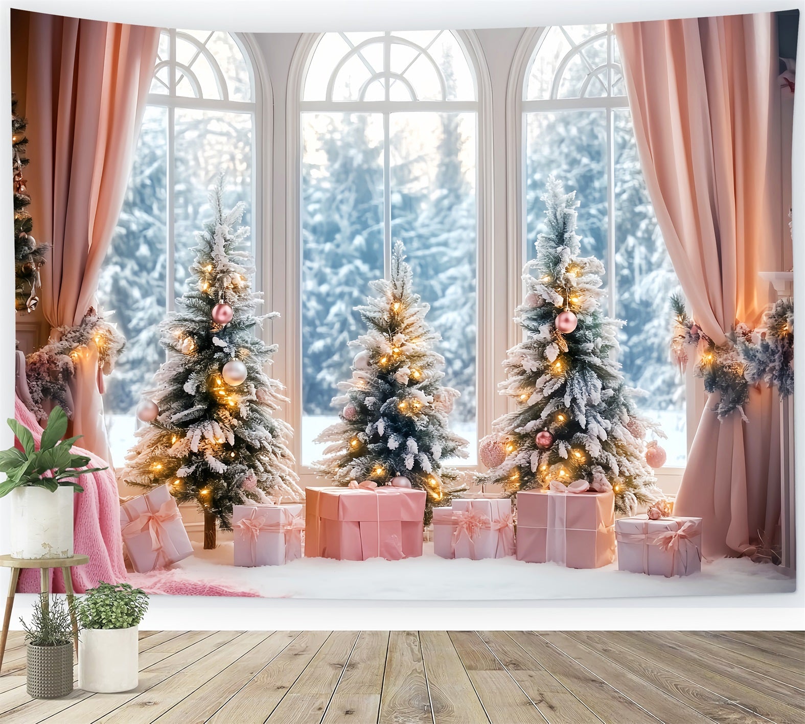 Winter Window Backdrop Pink Gift Frosted Christmas Trees Winter Backdrops UK LXX58-236