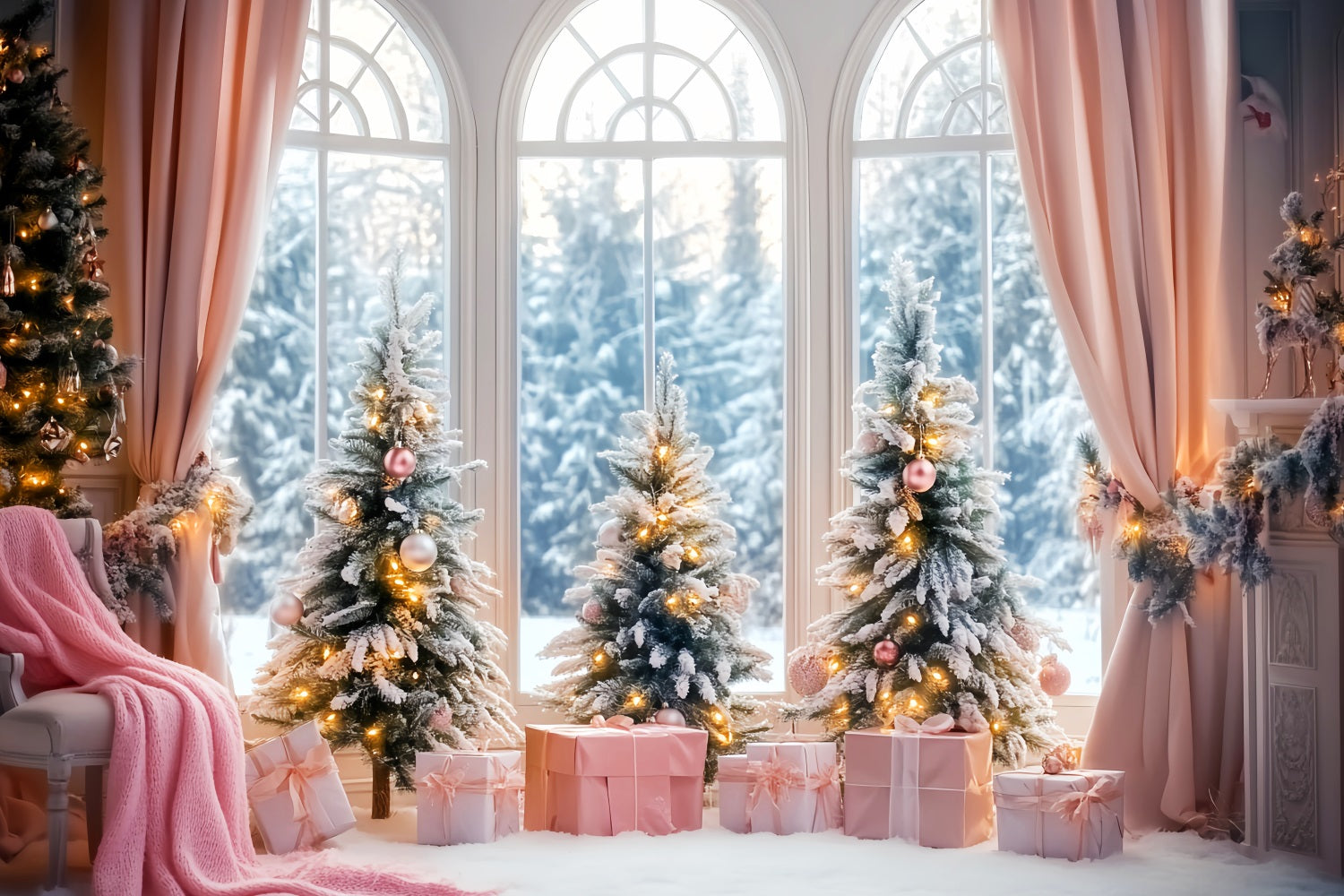 Winter Window Backdrop Pink Gift Frosted Christmas Trees Winter Backdrops UK LXX58-236