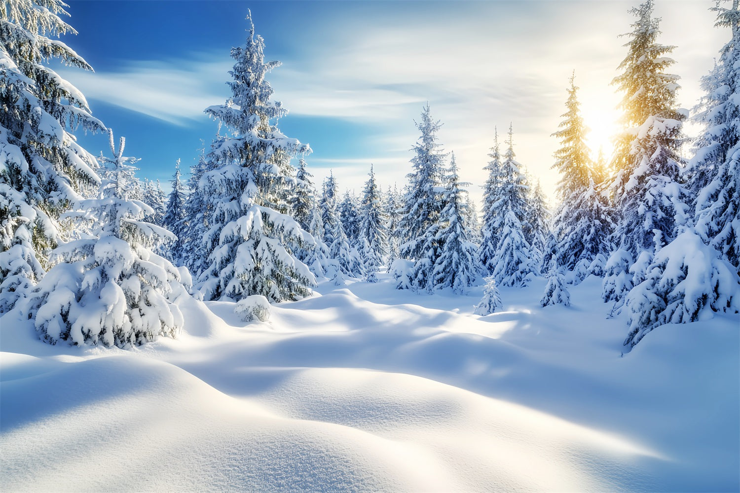 Forest Backdrop Golden Sunrise Snowy Forest Winter Wonderland Backdrops UK LXX58-239