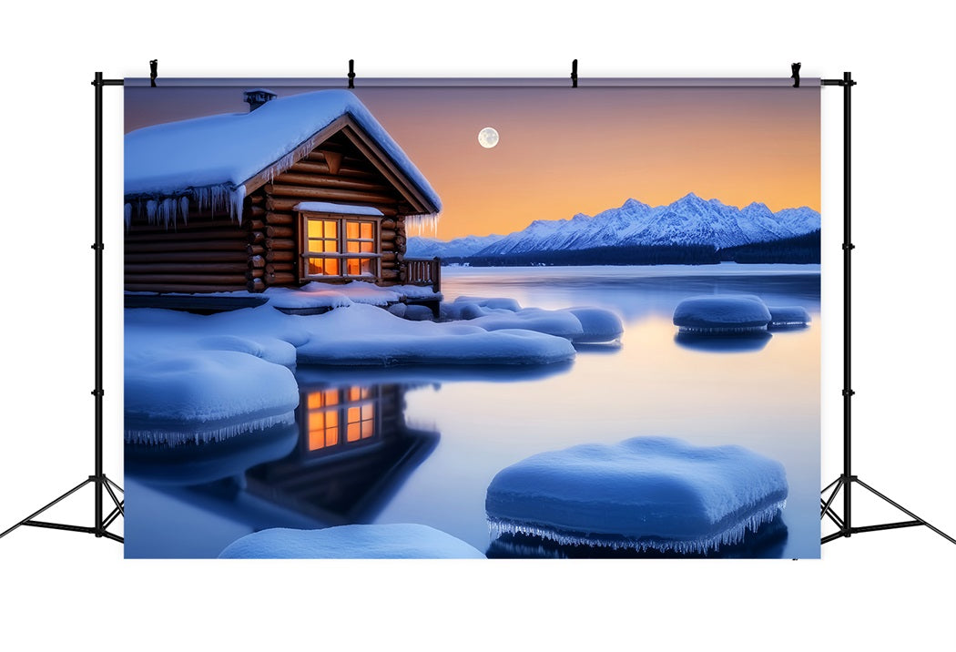 Village Backdrop Cozy Cabin Winter Moonlight Winter Scene Backdrop UK LXX58-243