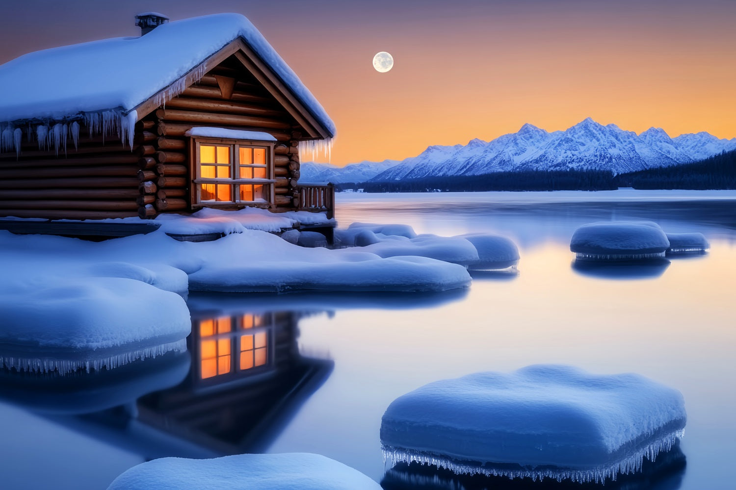 Village Backdrop Cozy Cabin Winter Moonlight Winter Scene Backdrop UK LXX58-243