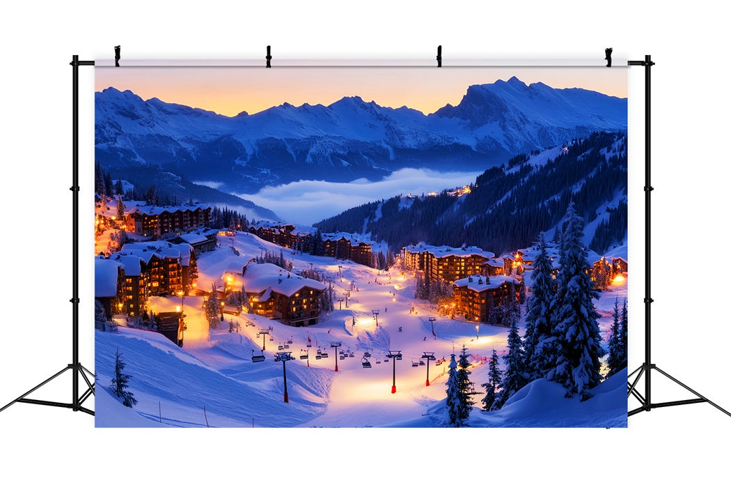 Village Backdrop Alpine Ski Village Lights Winter Backdrops UK LXX58-245