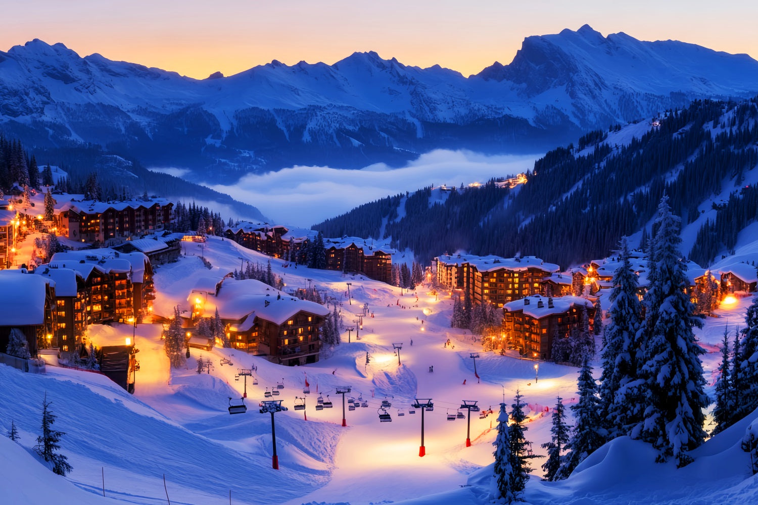 Village Backdrop Alpine Ski Village Lights Winter Backdrops UK LXX58-245