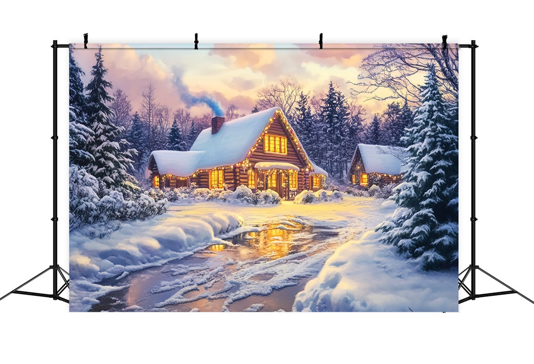 Village Backdrop Golden Glow Log Cabin Winter Photography Backdrops UK LXX58-246