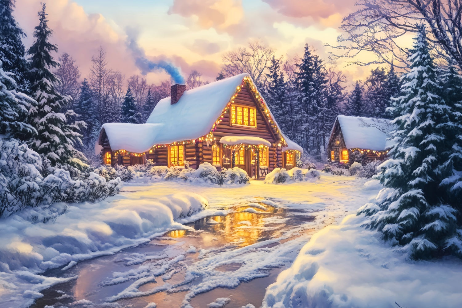 Village Backdrop Golden Glow Log Cabin Winter Photography Backdrops UK LXX58-246