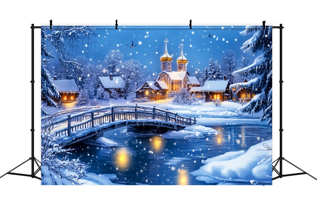 Village Backdrop Snowy Bridge Village Church Winter Wonderland Backdrops UK LXX58-247