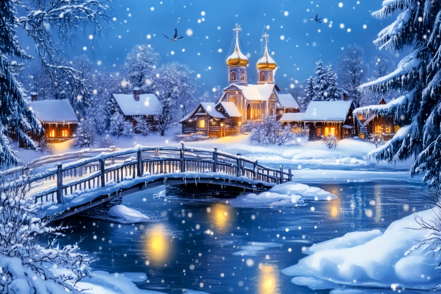 Village Backdrop Snowy Bridge Village Church Winter Wonderland Backdrops UK LXX58-247