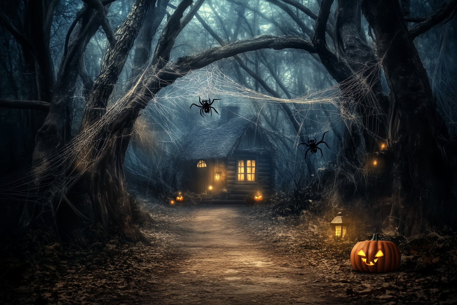 Spooky Forest Pumpkin Lantern Haunted Cabin Halloween Forest Backdrop UK LXX58-272