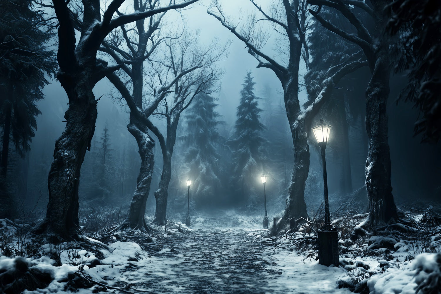 Winter Snowy Forest Snowy Path Lantern Glow Forest Backdrop UK LXX58-274