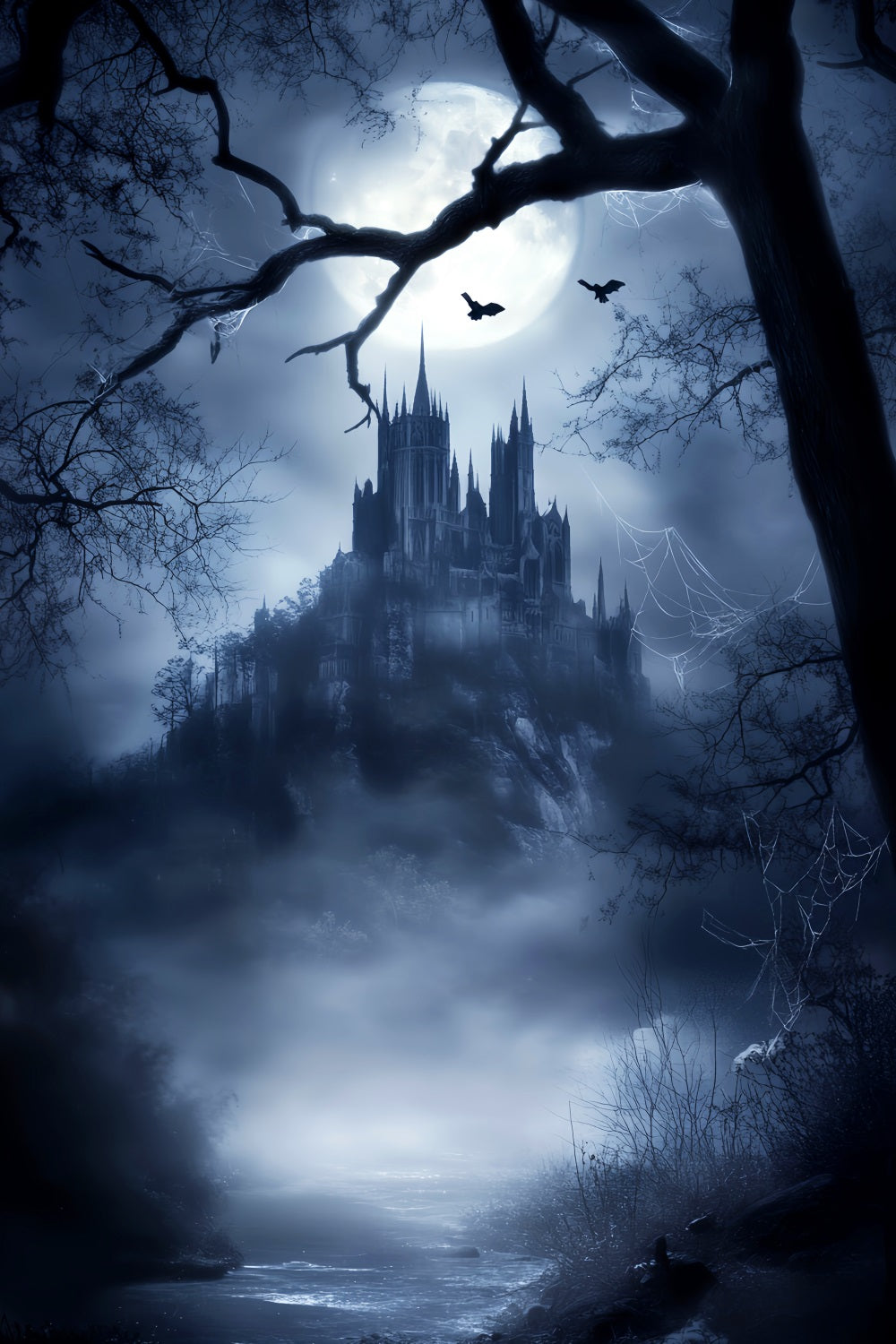 Haunted Creepy Forest Moonlit Gothic Castle Mist Dark Forest Backdrop UK LXX58-281