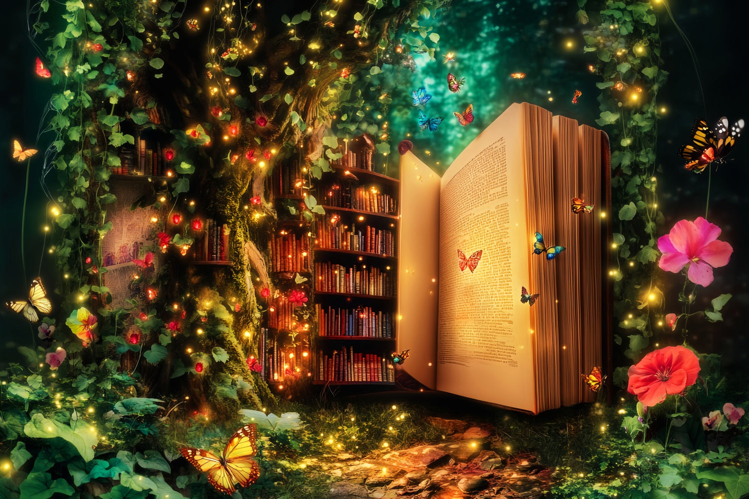 Enchanted Forest Magic Library Tree Bookshelf Photography Forest Backdrop UK LXX58-286