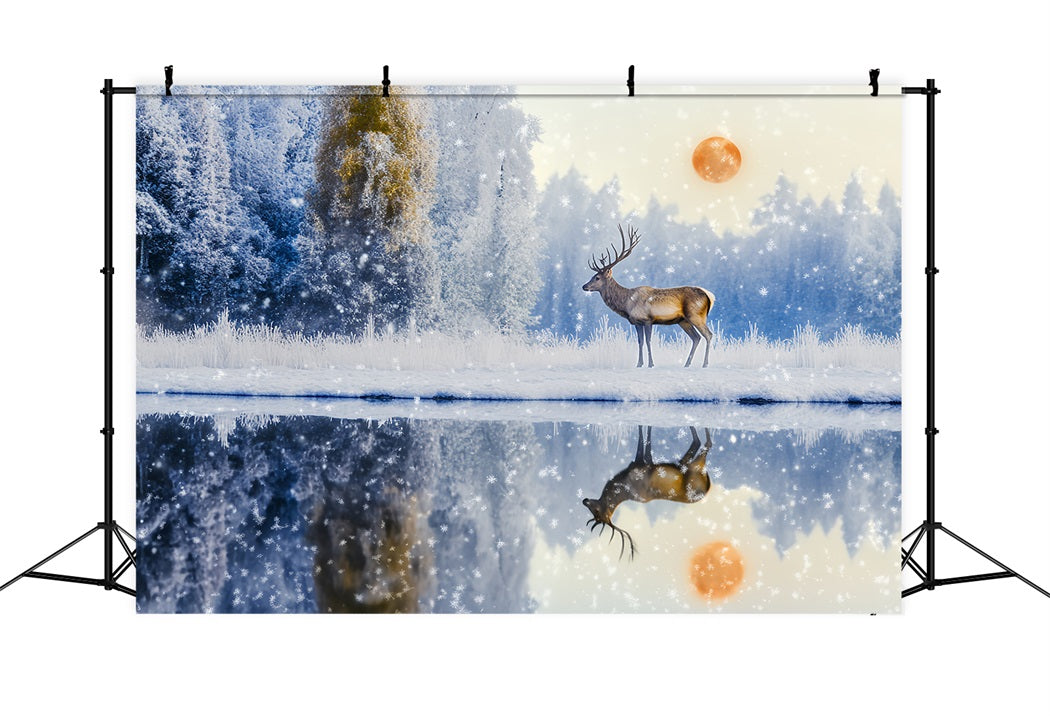 Enchanted Forest Snowfall Deer Sunrise Reflection Magical Forest Backdrop UK LXX58-289