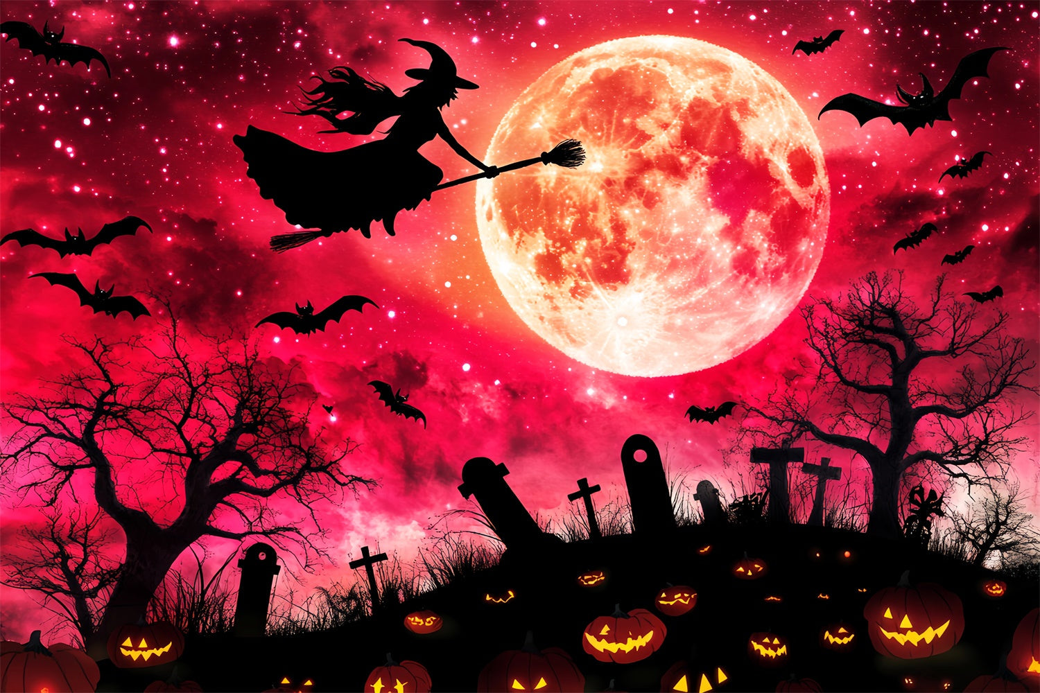 Halloween Graveyard Backdrop Blood Moon Witch Backdrop UK LXX58-28