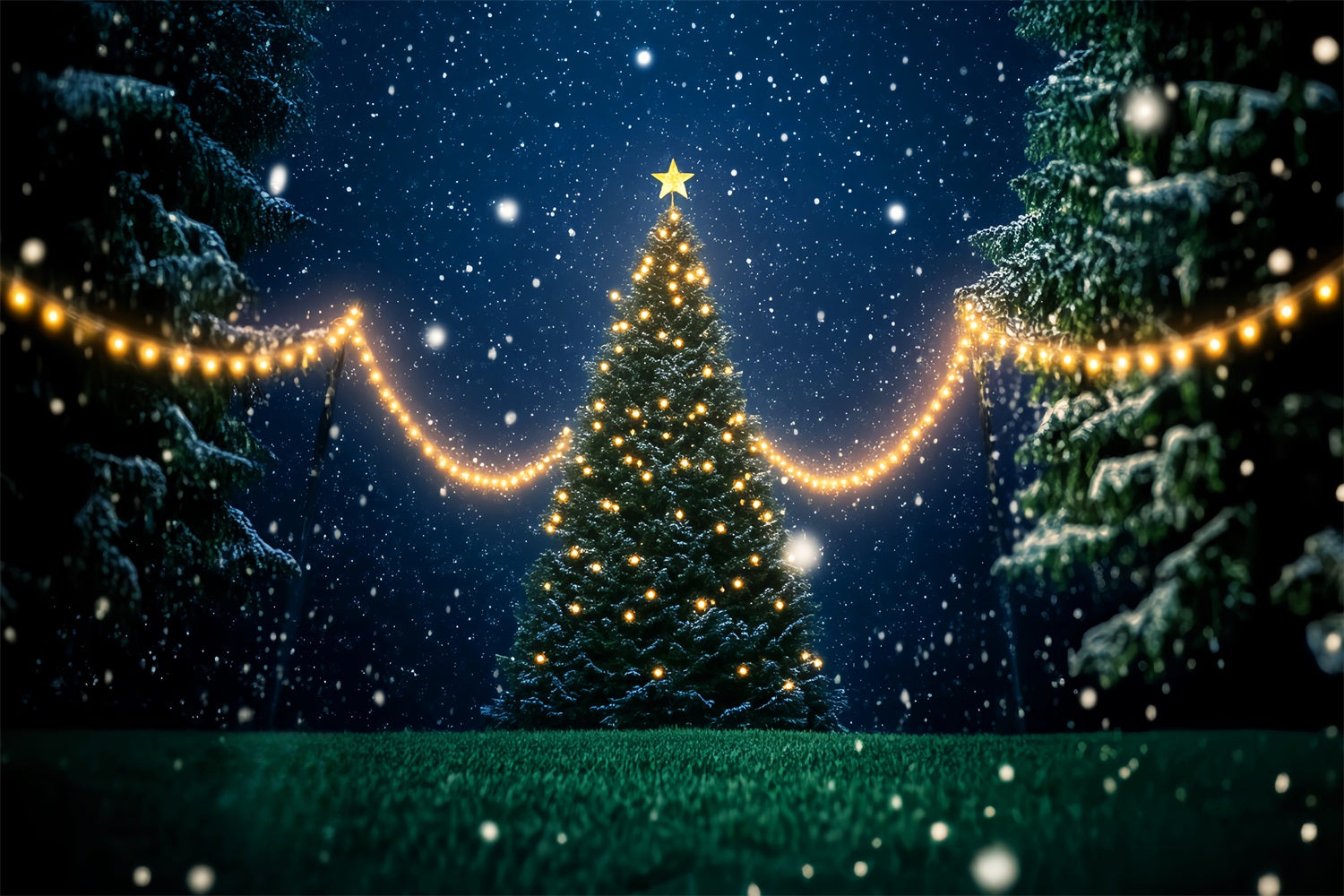 Night Forest Snowy Christmas Tree Lights Snowy Forest Backdrop UK LXX58-302