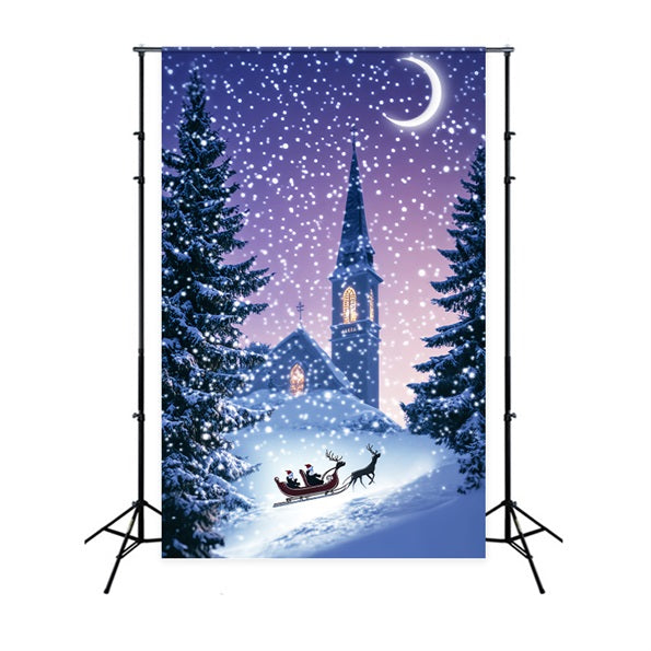 Pine Christmas Forest Church Sleigh Winter Night Snowy Forest Backdrop UK LXX58-306