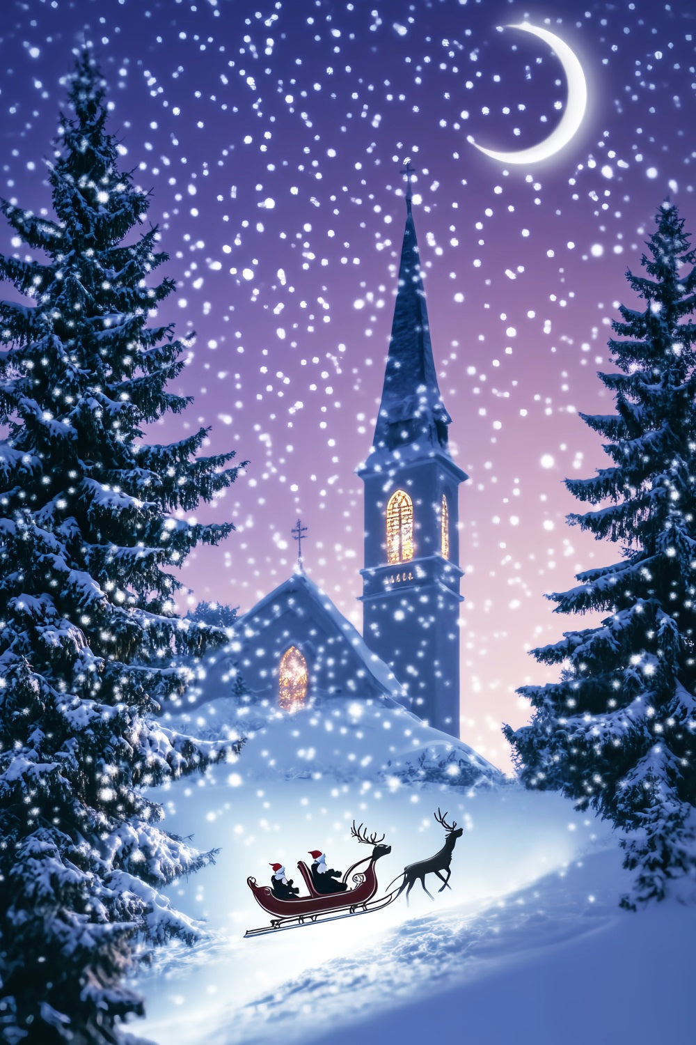 Pine Christmas Forest Church Sleigh Winter Night Snowy Forest Backdrop UK LXX58-306