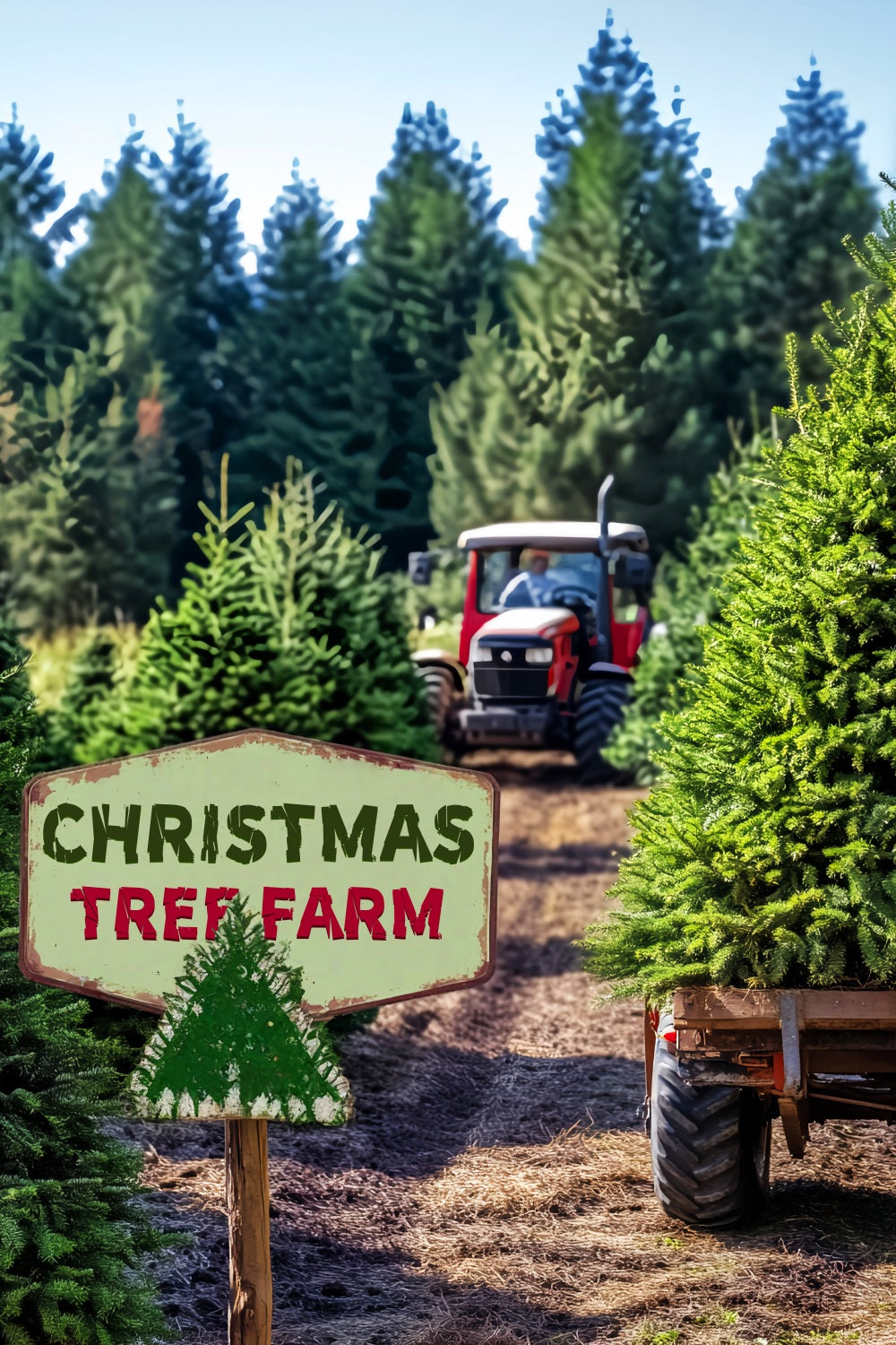 Pine Forest Christmas Tree Farm Tractor Forest Photography Backdrop UK LXX58-308