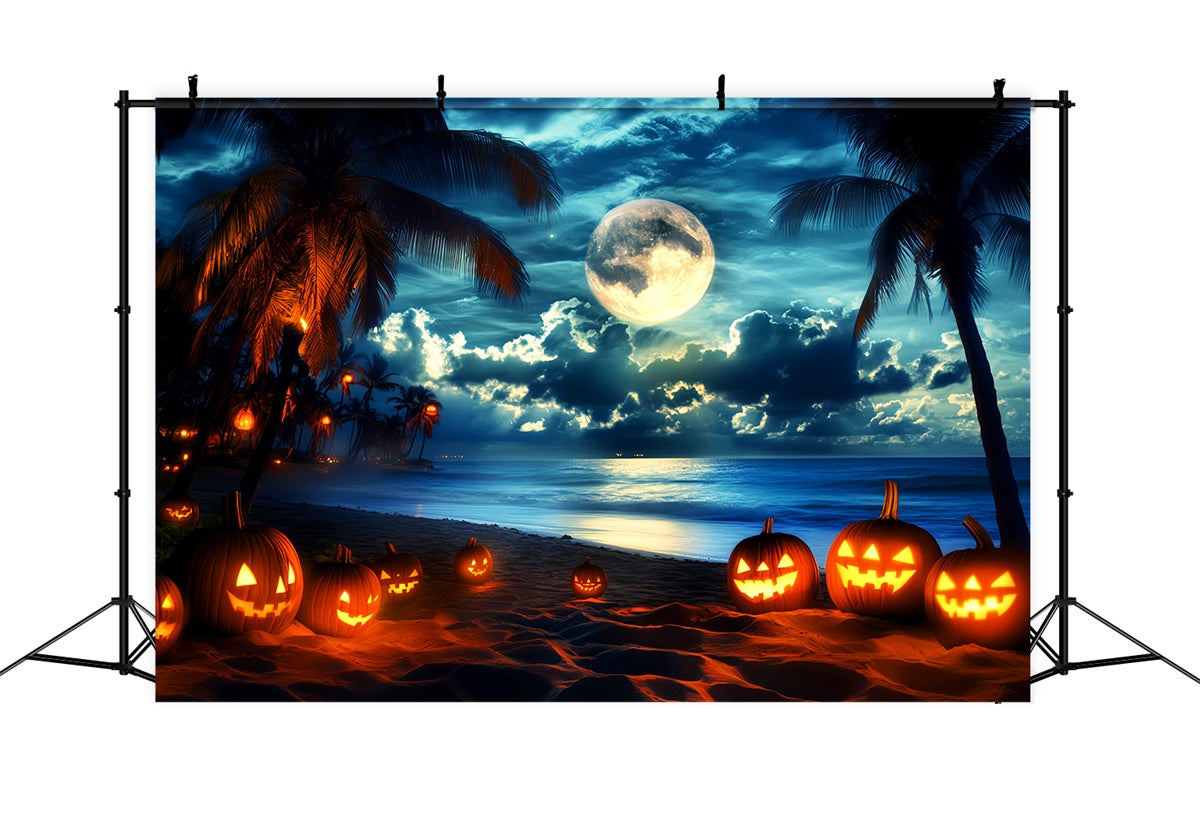 Halloween Photo Backdrops Moonlit Pumpkin Beach Backdrop UK LXX58-32