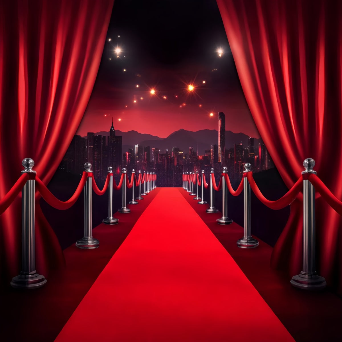 Red Carpet Backdrop Red Curtain City Skyline Walk Hollywood Theme Backdrop UK LXX58-329