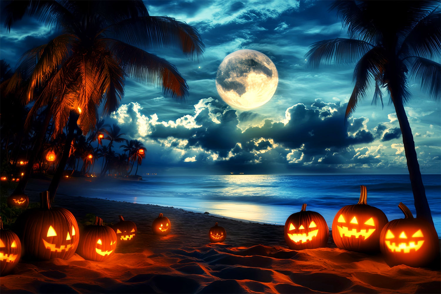 Halloween Photo Backdrops Moonlit Pumpkin Beach Backdrop UK LXX58-32