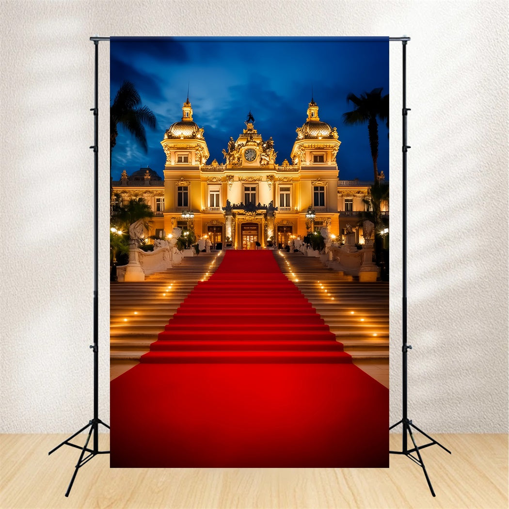 Red Carpet Backdrop Illuminated Palace Entrance Night Hollywood Backdrop UK LXX58-338