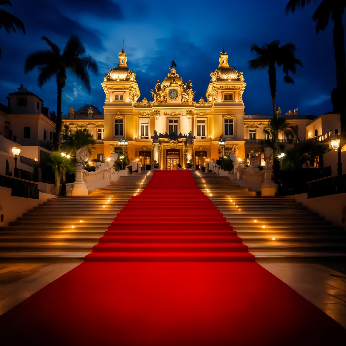 Red Carpet Backdrop Illuminated Palace Entrance Night Hollywood Backdrop UK LXX58-338