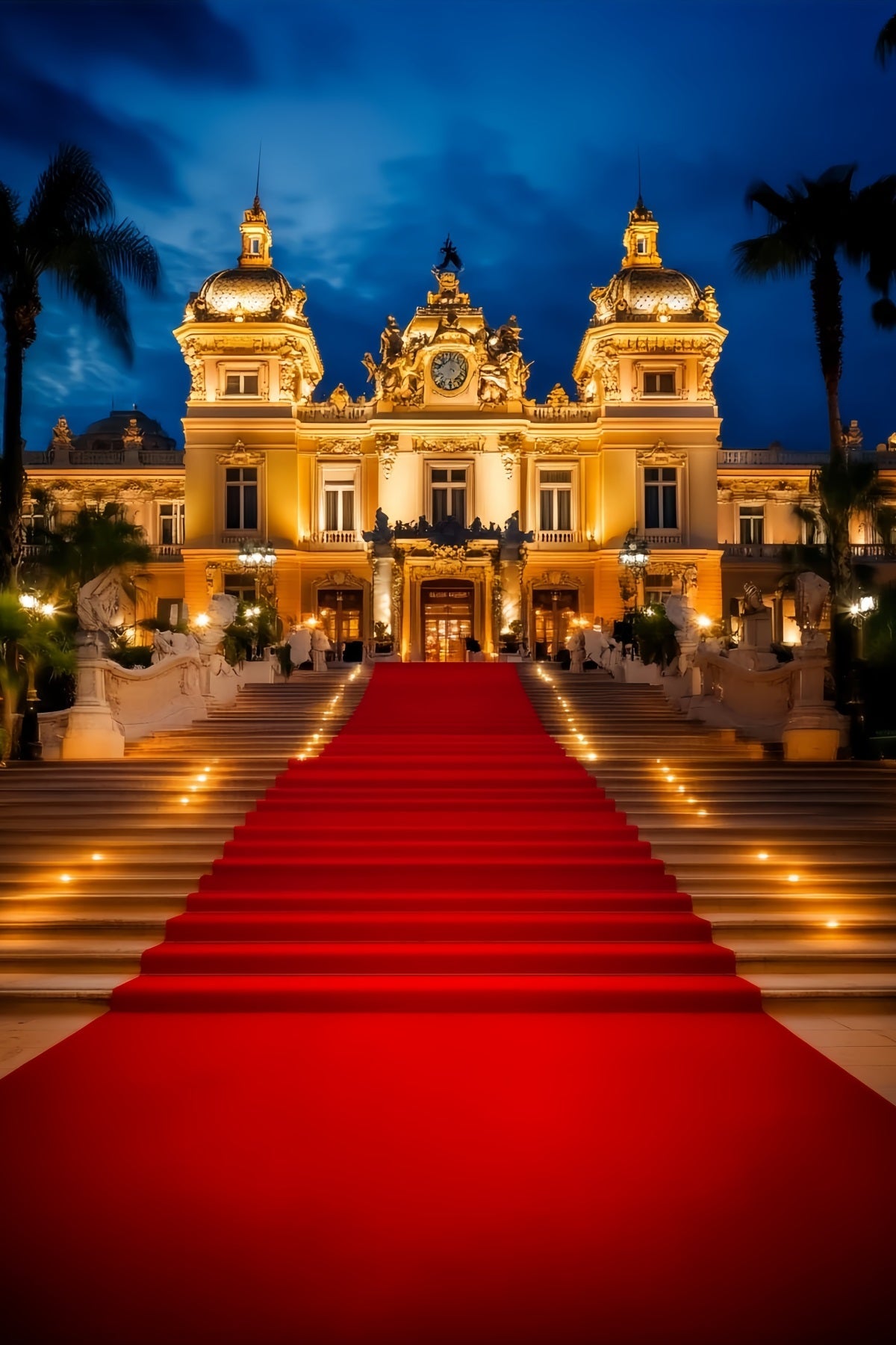 Red Carpet Backdrop Illuminated Palace Entrance Night Hollywood Backdrop UK LXX58-338