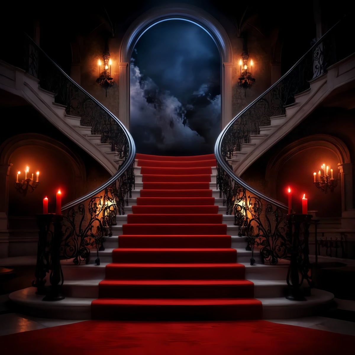 Red Carpet Backdrop Mystic Moonlit Stairway Mansion Stage Backdrop UK LXX58-339